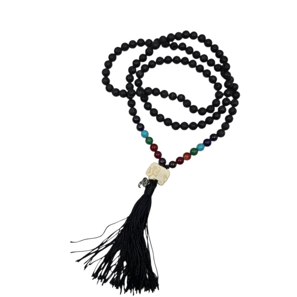 Black Lava Stone Mala Necklace w. Chakra Beads, Elephant, Om & Tassel NEW